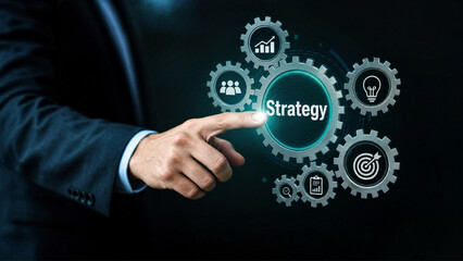 Obraz premium Business strategy planning concept with holographic workflow interface and digital transformation icons