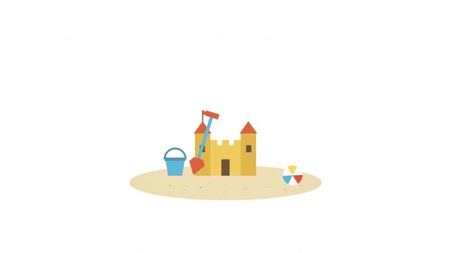 Isolated yellow sand castle with bucket and shovel, simple cartoon style on sand grain, summer beach toy illustration