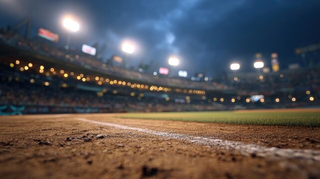 Baseball stadium at night close up on the infield dirt