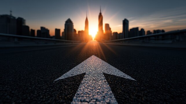 Road leading to city skyline at sunset