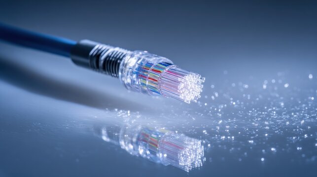 Close up of fiber optic cable with glowing strands