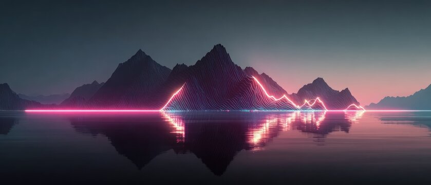 Neon mountains reflected on water at dusk