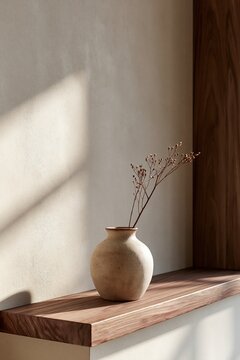 Minimalist ceramic vase with dried wildflowers on floating walnut shelf in warm Scandinavian interior