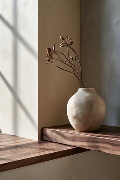 Minimalist ceramic vase with dried wildflowers on floating walnut shelf in warm Scandinavian interior