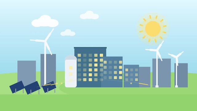 Clean renewable energy electric power station with wind turbines and solar panels in a modern city