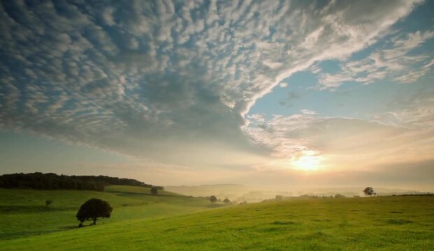 Cows grazing in a lush green pasture meadow under a blue summer sky, rural countryside landscape with cattle, grass, farm animals, and clouds