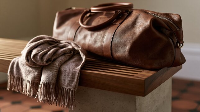 Luxury leather weekender bag with soft wool scarf on walnut bench in minimalist interior