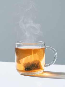 A warm cup of tea with a teabag steeping for a soothing and comforting experience