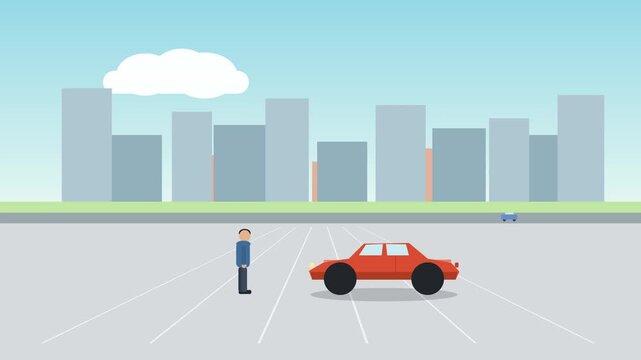 Man walking near parked car in city parking lot, urban travel transport scene