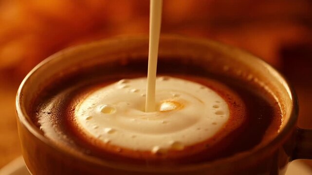 Close-up of creamy latte art being poured into a warm coffee cup