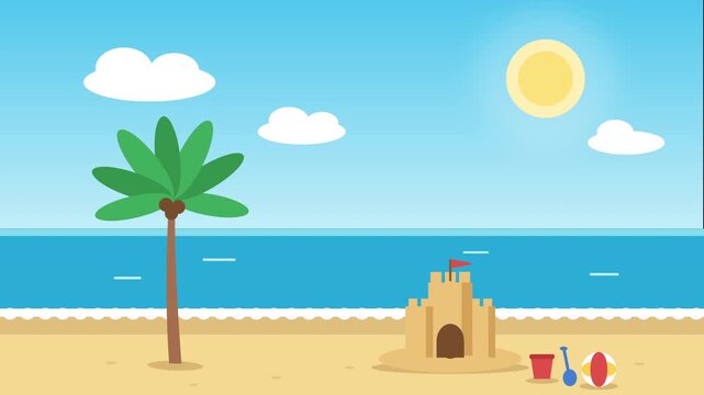 Pixel art sand castle with palm tree on beach, blue sea, sunny sky, summer vacation, coastal scene
