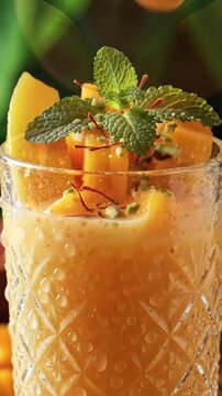 Mango Smoothie Pouring into Chilled Crystal Glass with Droplets