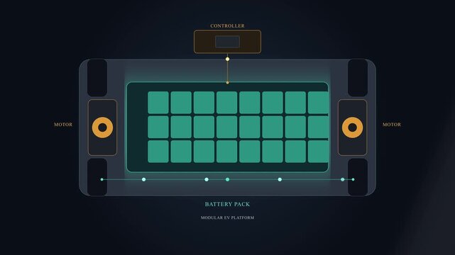 Motion graphic schematic of electric car battery modular platform, electric skateboard chassis, with integrated bodywork and wheels