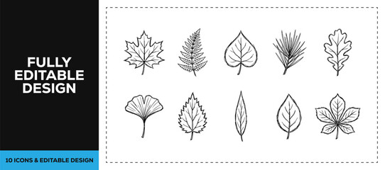 Black ink scribble hand drawn botany and leaf icon set bundle featuring maple fern and oak for nature eco branding and forest landscape garden vector sketch doodles design art. © Graphics