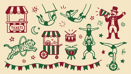 Circus themed festive illustration with trapeze tiger popcorn and ringmaster in playful red and green style © Abdul Waheed Studio