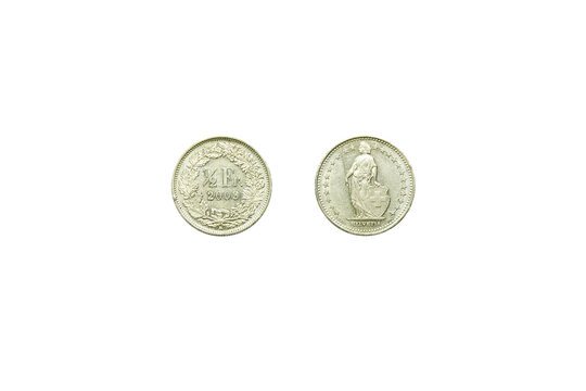 Swiss 1/2 Franc Coin 2009 Obverse and Reverse Isolated on White Background Helvetia Swiss Currency