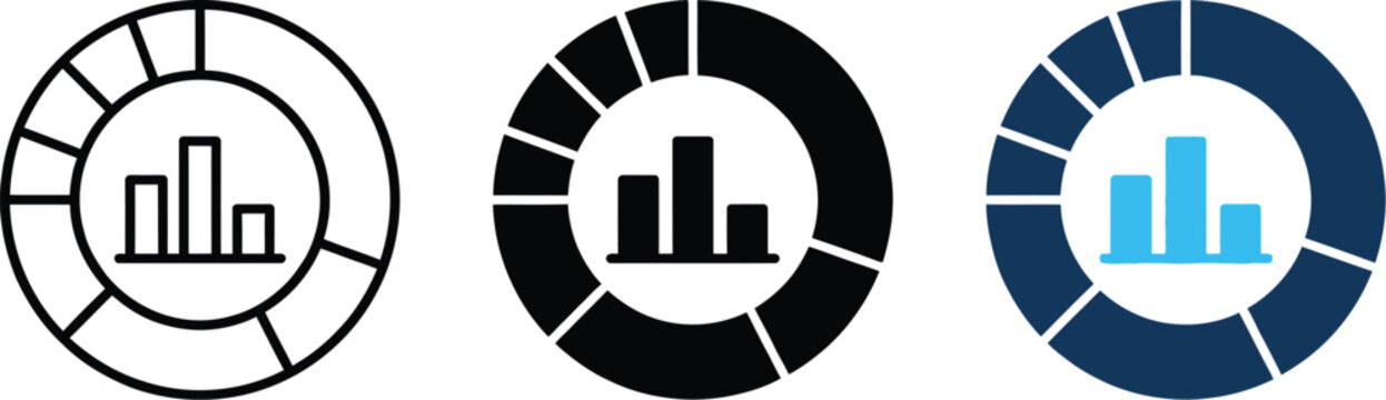 Three circular donut chart icons with bar graphs displayed in flat black and blue styles