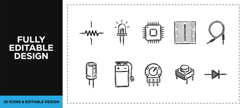 Black ink scribble hand drawn electronic hardware icon set bundle featuring resistor chip and battery for tech engineering and computer laboratory vector sketch doodles design art.