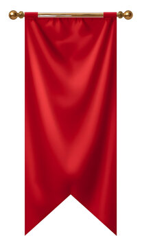 Blank red velvet banner pennant hanging on a gold rod on transparent background