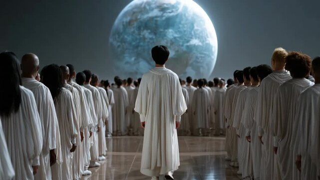 Large assembly in white robes facing illuminated planetary display