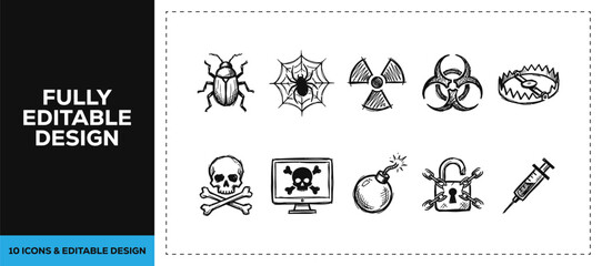 Black ink scribble hand drawn cyber security icon set bundle featuring skull virus and lock for digital privacy and data protection web branding vector sketch doodles design art. © Graphics