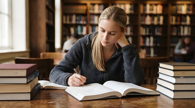 Focused young blonde woman wearing a grey hoodie sits at a wooden table writing notes in a thick open textbook