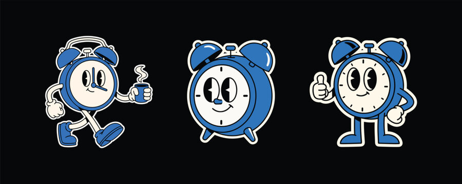 Retro Cartoon Alarm Clock Character Set in Vintage Rubber Hose Style. Cute Blue Clock Mascot Holding Coffee and Giving Thumbs Up. Hand Drawn Illustration Stickers Isolated on Black Background.