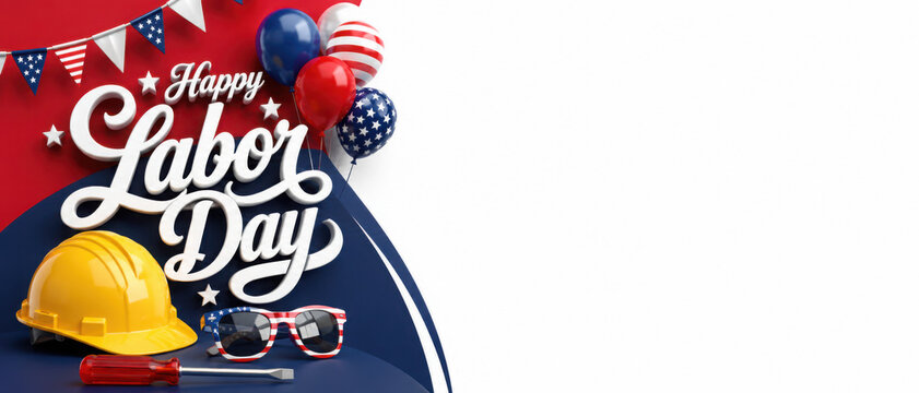 Labor day USA banner template american flags Garlands decor and copy space.USA labor day celebration poster template.Happy labor day calligraphy.