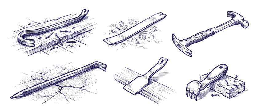Crowbar pry bar tool sketches for demolition carpentry and construction work, featuring claw hammer, wrecking bar, and wood chisel in hand drawn vintage engraved line art style on white background