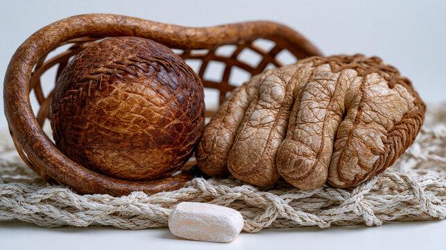 Basque pelota symbolic still life against sterile white background showing hand-sewn leather ball, curved wooden xistera basket glove, chalk score marker and fronton net cord arranged in precise com