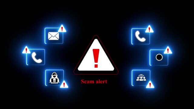 Glowing neon Scam alert warning. cybersecurity concept. Woman using laptop, warning sign for scams with icons representing online threats, phishing. 4k video motion graphic of scam alert concept