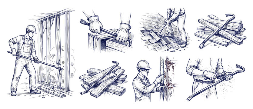 Demolition construction hand tools illustration set featuring workers using crowbars and pry bars to tear down walls, lift roof shingles, open wooden crates, and renovate buildings in sketch style.