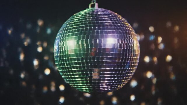 A shiny disco ball hangs in a dark room with sparkling lights.
