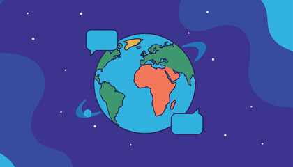 Fototapeta premium Planet Earth globe with two empty speech bubbles in outer space representing global conversation and international news.