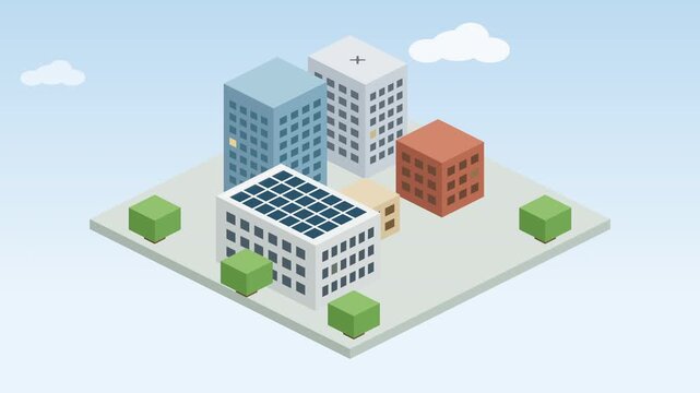 Isometric city buildings illustration with solar panels on one building, animation in dimetric view