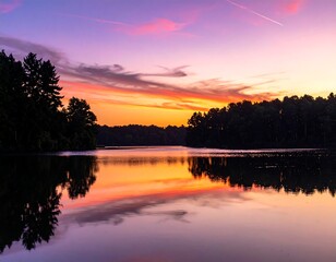 Fototapeta premium Vibrant sunset over serene water with trees