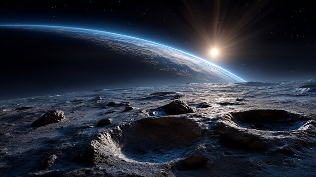 Sunrise view from rocky lunar surface overlooking glowing earth planet with astronomy