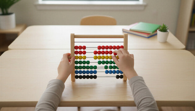 Child plays with an abacus, focused and engaged, in a bright learning environment