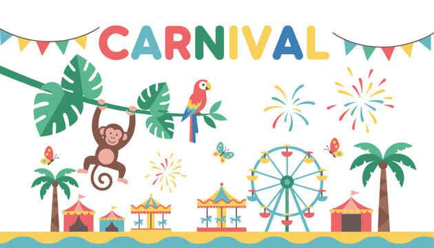 Carnival banner with cute jungle animals, amusement park carousels, ferris wheel, and colorful fireworks on white.