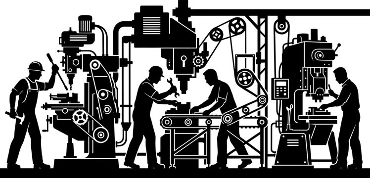 Industrial manufacturing factory scene with workers and machinery