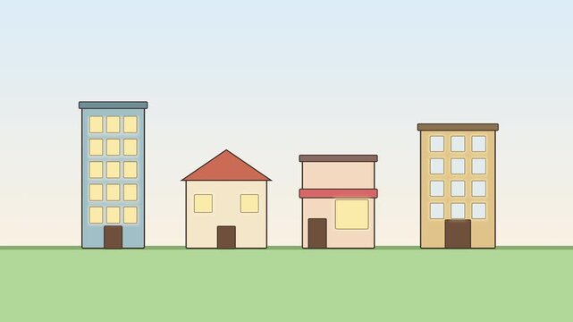 Set of four cartoon building types, hand drawn illustration with simple flat design, apartment, house and shop, urban landscape elements
