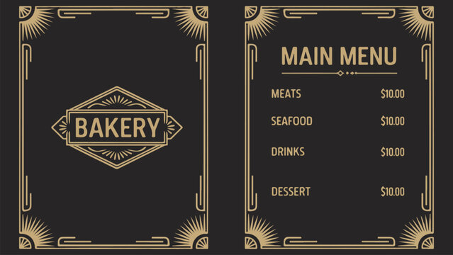 Luxury vintage bakery menu card template with elegant black and gold ornamental emblem for caf&eacute; hotel and restaurant branding