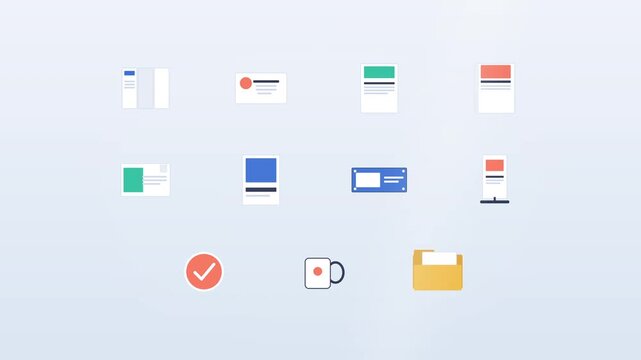 Set of vector printing icons for brochure, business card, flyer, magazine, postcard, poster, banner, sticker, mug, motion graphic
