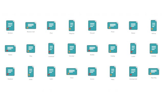 Collection of vector icons for print materials like brochures, business cards, flyers, magazines, postcards, posters, banners, stickers, and mugs