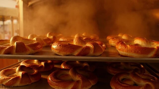 Golden brown pastries baking in a commercial oven with steam rising