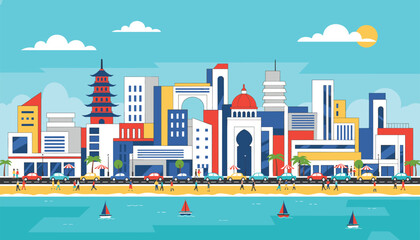 Fototapeta premium Stylized coastal cityscape with diverse architecture beachfront road and sailboats on blue water.