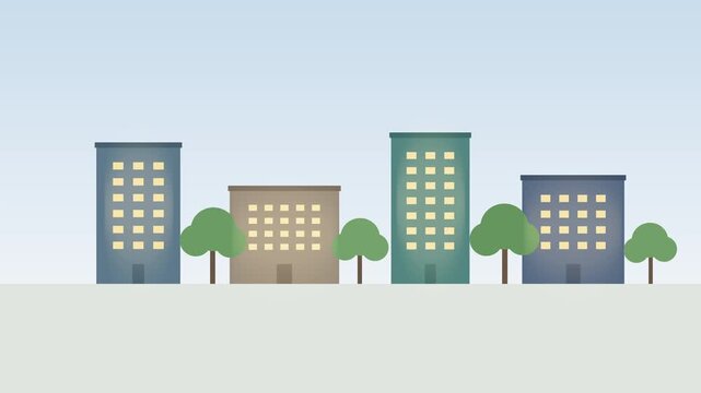 Set of four flat vector building icons with trees, representing offices and hotels for city skyline