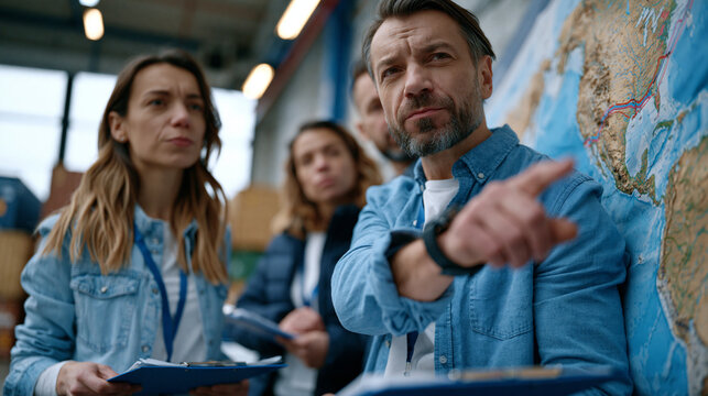 Supply chain resilience analyst team gathered around a large wall-mounted logistics map in an overcast industrial facility, pointing at reshoring routes, clipboards in hand, freight containers visib