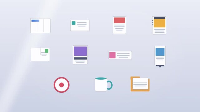 Set of vector printing icons for brochure, business card, flyer, magazine, postcard, poster, banner, rollup, sticker, mug