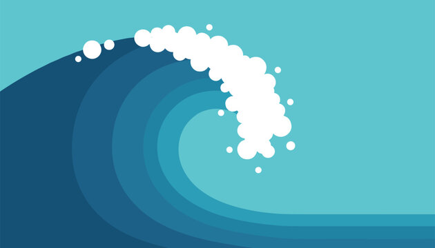 Large curling ocean wave with white foam bubbles illustrated in a stylized flat design on a turquoise background.